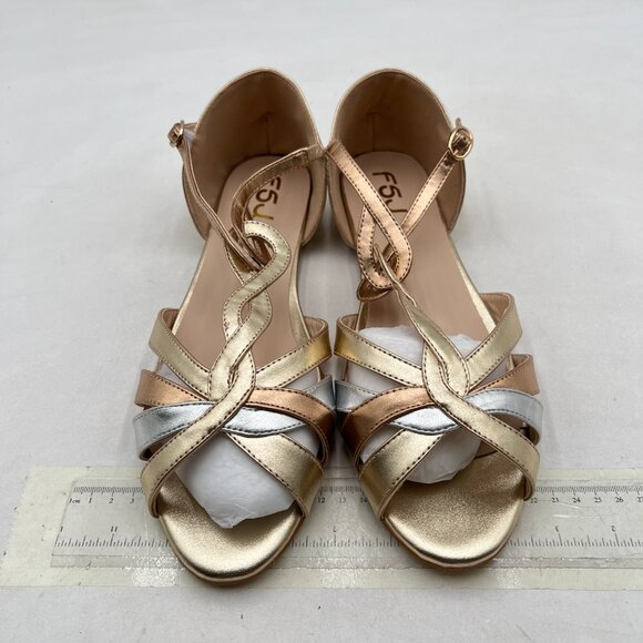 FSJ Gold Cute Strappy Peep Open Toe Flat D'Orsay T-Strap Ankle Buckle Sandals - Picture 3 of 8